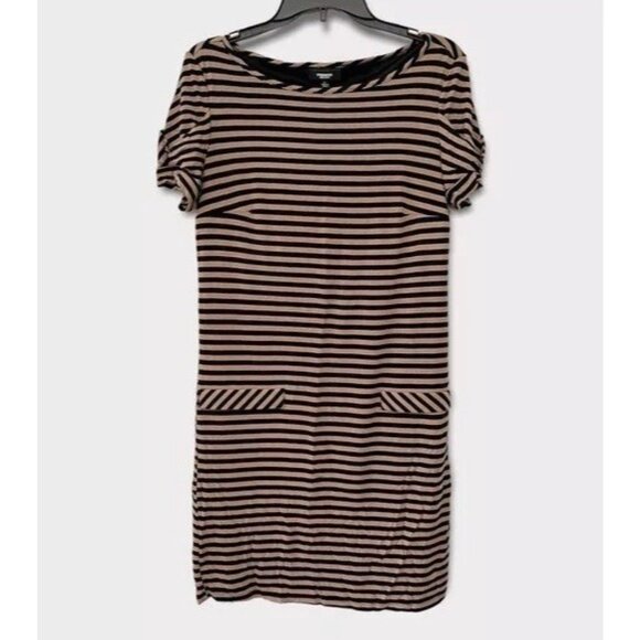PREMISE Dresses Tan Nautical Stripe Shirt Dress Short Jersey Boat Neck Pockets L - Picture 1 of 8